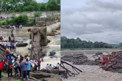 Broken bridge over Indrayani River near Pune with rescue teams in action