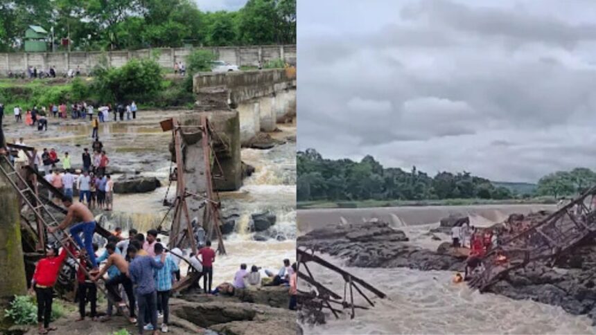 Broken bridge over Indrayani River near Pune with rescue teams in action