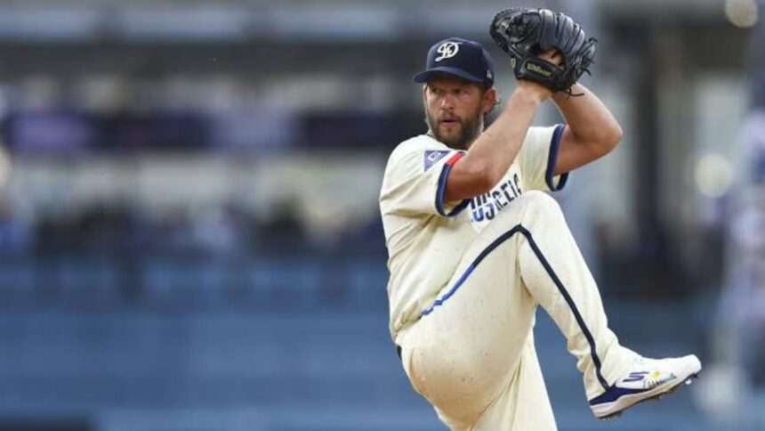 Clayton Kershaw wearing rainbow Dodgers cap with Bible verse Genesis 9:12-16 during Pride Night