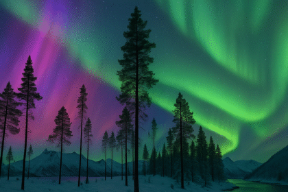 Northern lights glowing in the sky above U.S. trees and lakes – June 2025 aurora forecast